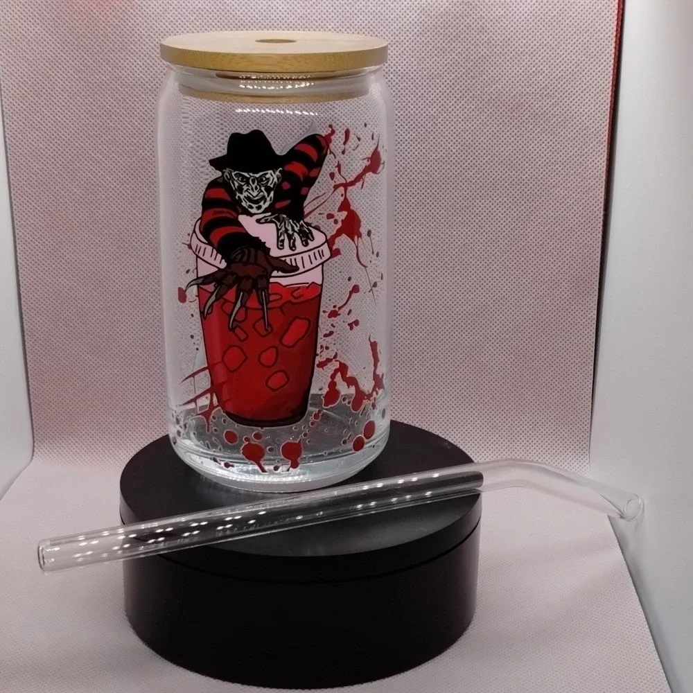 Freddy Krueger Horror 16oz Glass Can Cup Bamboo Lid Straw UV DTF Wrap Handmade
